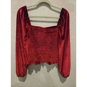 Bagatelle Women's XL Red Velvet Blouson Sleeve Crop Top Blouse